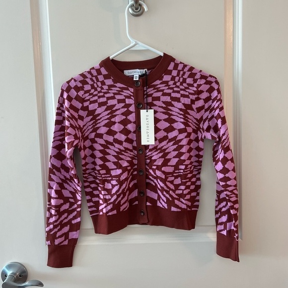 Daydreamer Magenta Wave Abstract Checkered Button Front Cardigan Sweater NWT - Picture 4 of 16